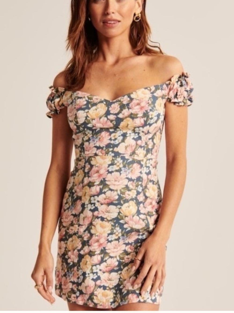 Off-Shoulder Floral Mini Dress in Dusty Blue and Pink
